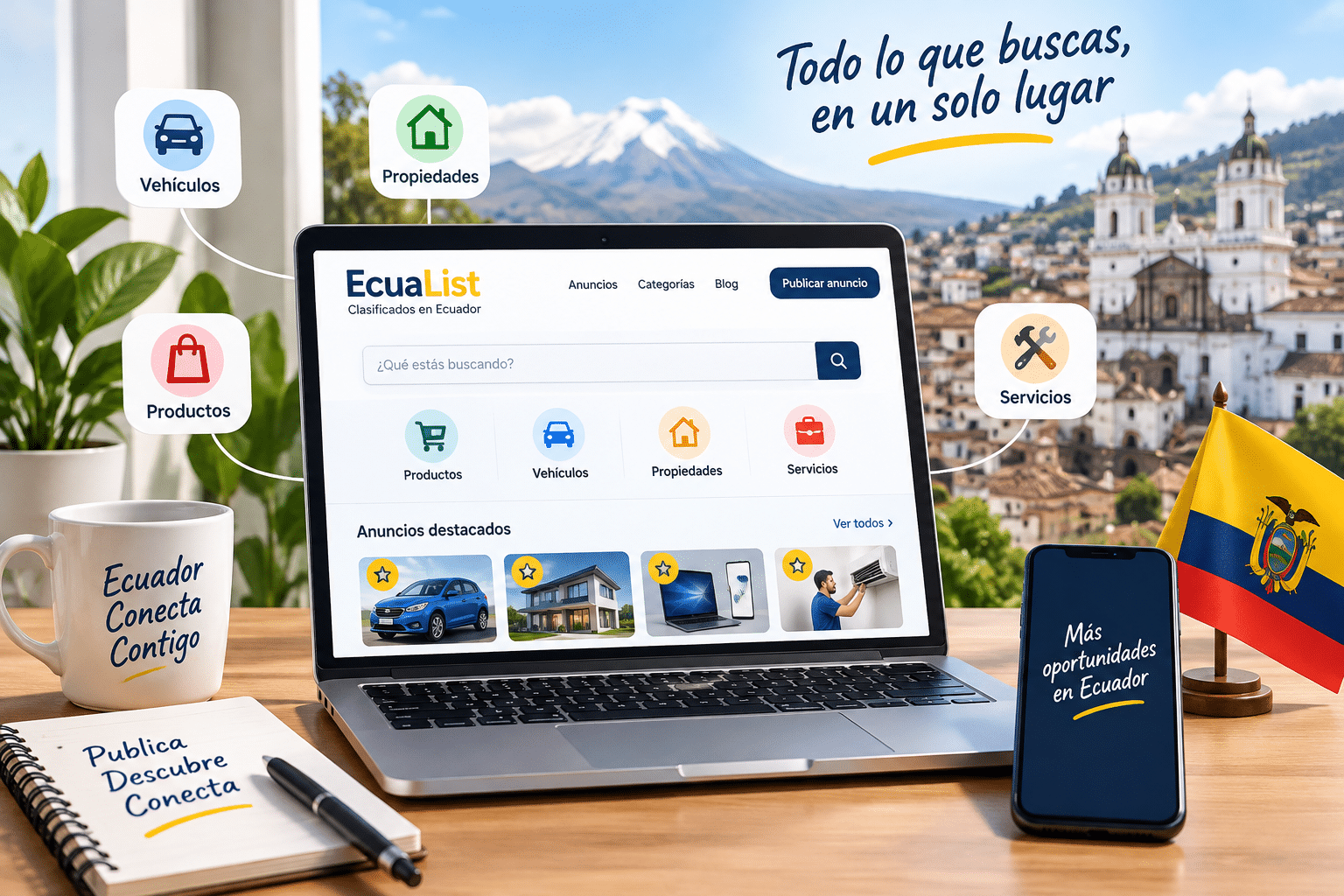 EcuaList, plataforma de anuncios clasificados en Ecuador para comprar, vender y encontrar vehículos, propiedades, productos y servicios